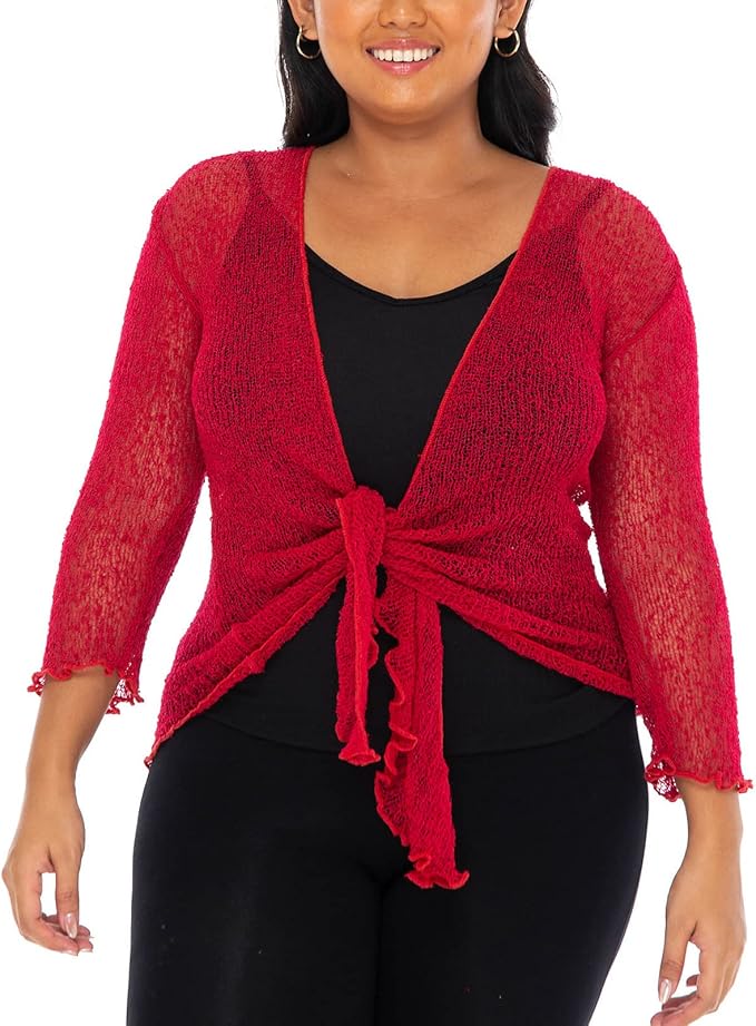 SHU - SHI Womens Plus Size Sheer Shrug Tie Top Open Front Cardigan Lightweight Knit Bolero XL 2X 3X 4X - Love ShuShi