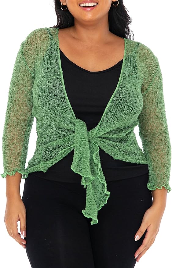 SHU - SHI Womens Plus Size Sheer Shrug Tie Top Open Front Cardigan Lightweight Knit Bolero XL 2X 3X 4X - Love ShuShi