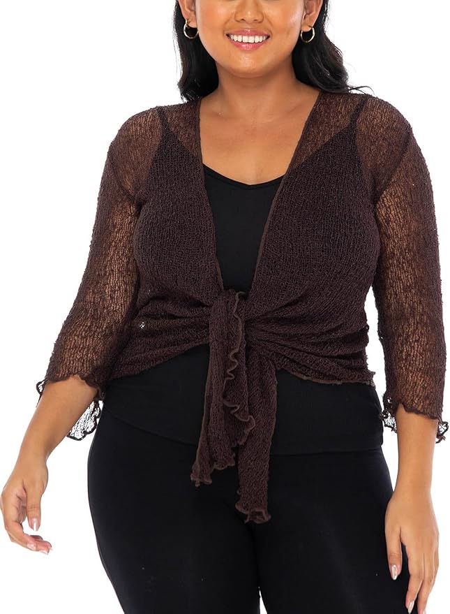 SHU - SHI Womens Plus Size Sheer Shrug Tie Top Open Front Cardigan Lightweight Knit Bolero XL 2X 3X 4X - Love ShuShi