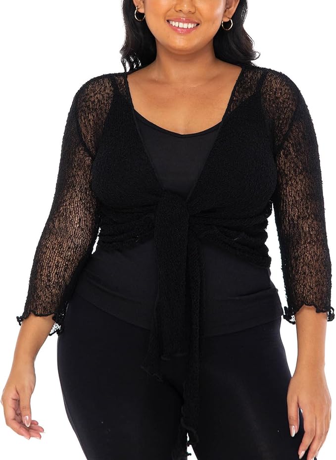 SHU - SHI Womens Plus Size Sheer Shrug Tie Top Open Front Cardigan Lightweight Knit Bolero XL 2X 3X 4X - Love ShuShi