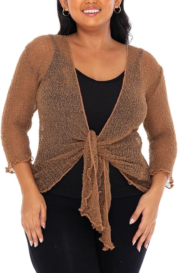 SHU - SHI Womens Plus Size Sheer Shrug Tie Top Open Front Cardigan Lightweight Knit Bolero XL 2X 3X 4X - Love ShuShi