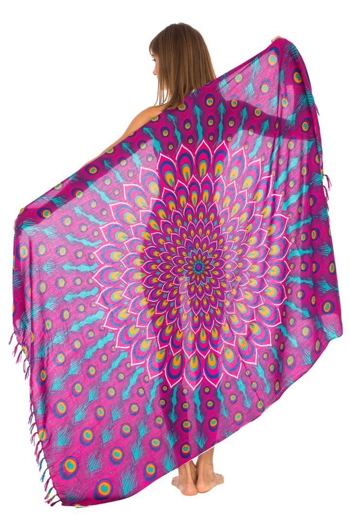 SHU - SHI Women's Sarong Beach Swimsuit Cover - Up Mandala Peacock Print with Clip - Love ShuShi