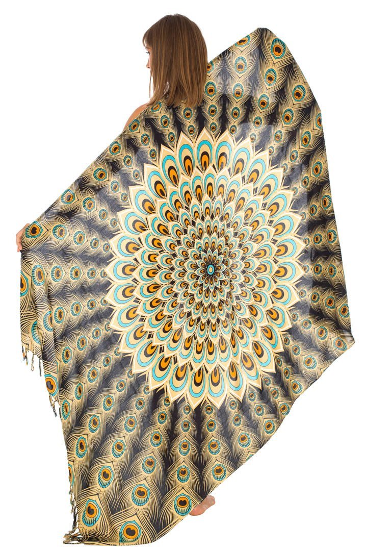 SHU - SHI Women's Sarong Beach Swimsuit Cover - Up Mandala Peacock Print with Clip - Love ShuShi