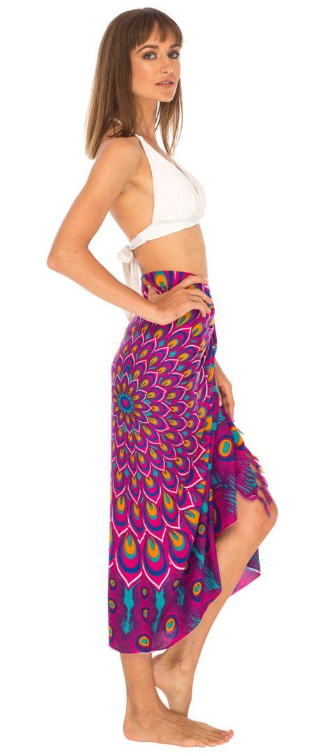 SHU - SHI Women's Sarong Beach Swimsuit Cover - Up Mandala Peacock Print with Clip - Love ShuShi