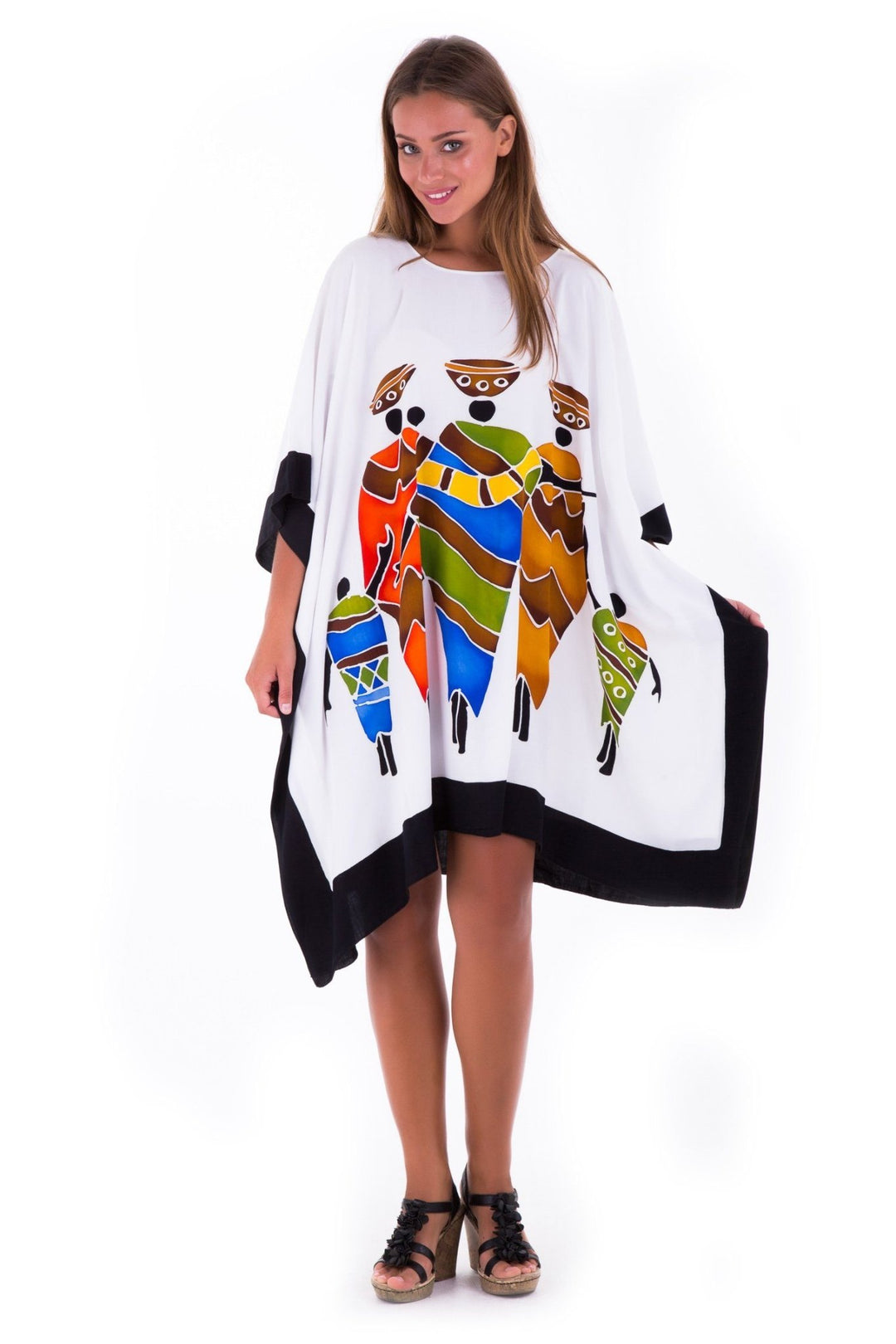 SHU - SHI Women's Short Kaftan Dress - Hand - Painted Tribal Poncho Tunic, Plus Size Swim Cover - Up - Love ShuShi