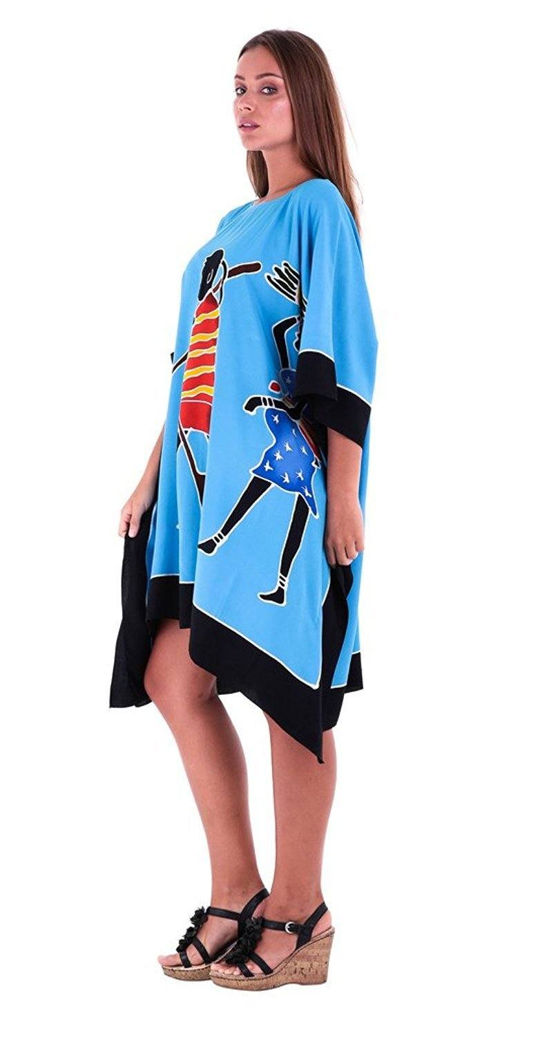 SHU - SHI Women's Short Kaftan Dress - Hand - Painted Tribal Poncho Tunic, Plus Size Swim Cover - Up - Love ShuShi