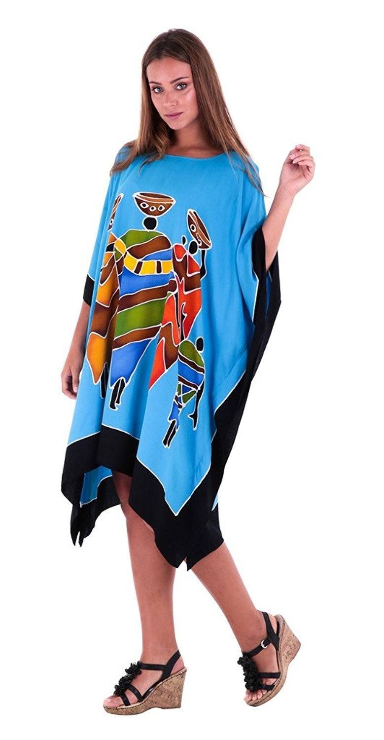 SHU - SHI Women's Short Kaftan Dress - Hand - Painted Tribal Poncho Tunic, Plus Size Swim Cover - Up - Love ShuShi