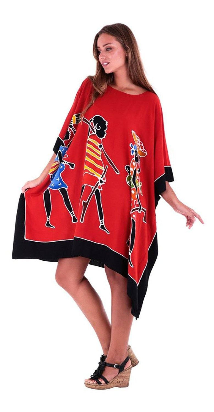 SHU - SHI Women's Short Kaftan Dress - Hand - Painted Tribal Poncho Tunic, Plus Size Swim Cover - Up - Love ShuShi