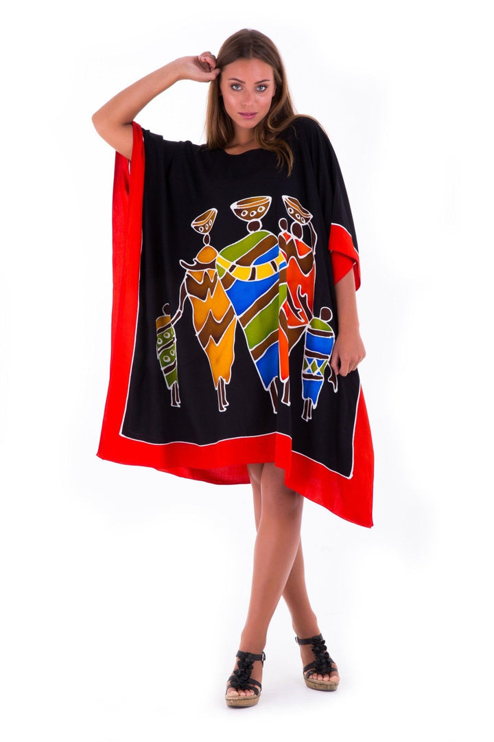 SHU - SHI Women's Short Kaftan Dress - Hand - Painted Tribal Poncho Tunic, Plus Size Swim Cover - Up - Love ShuShi