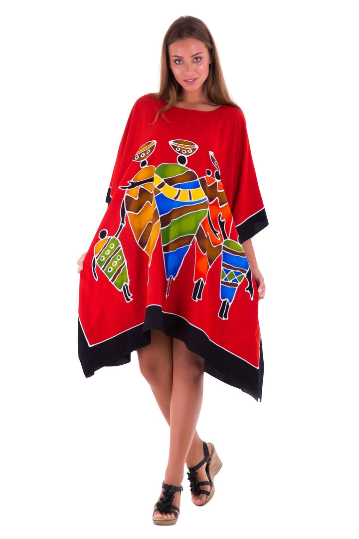 SHU - SHI Women's Short Kaftan Dress - Hand - Painted Tribal Poncho Tunic, Plus Size Swim Cover - Up - Love ShuShi