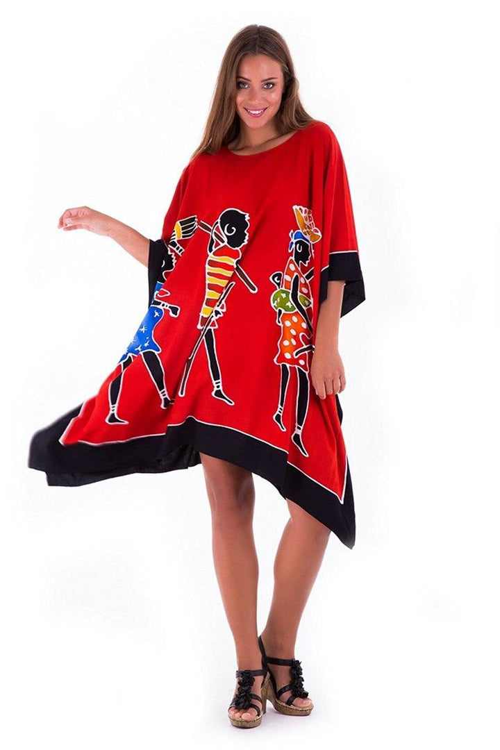 SHU - SHI Women's Short Kaftan Dress - Hand - Painted Tribal Poncho Tunic, Plus Size Swim Cover - Up - Love ShuShi