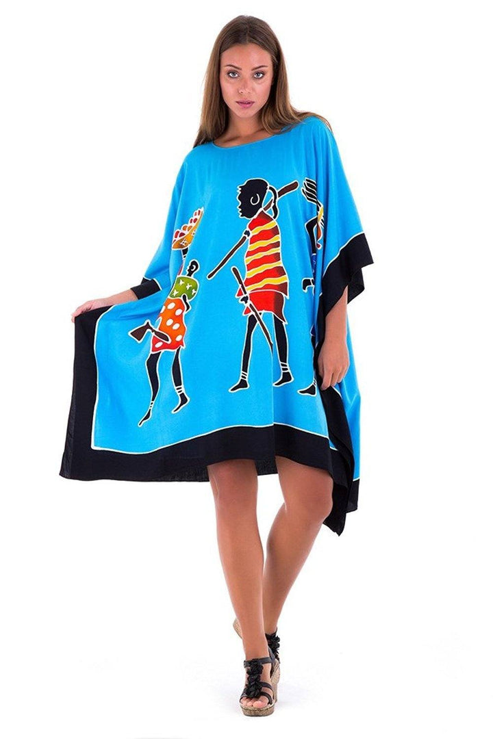 SHU - SHI Women's Short Kaftan Dress - Hand - Painted Tribal Poncho Tunic, Plus Size Swim Cover - Up - Love ShuShi