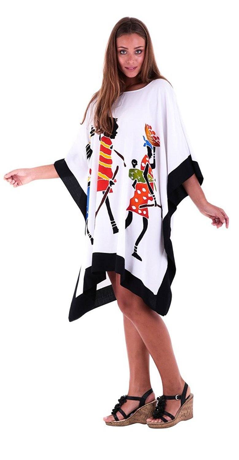 SHU - SHI Women's Short Kaftan Dress - Hand - Painted Tribal Poncho Tunic, Plus Size Swim Cover - Up - Love ShuShi