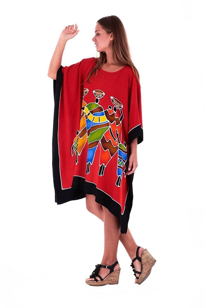 SHU - SHI Women's Short Kaftan Dress - Hand - Painted Tribal Poncho Tunic, Plus Size Swim Cover - Up - Love ShuShi