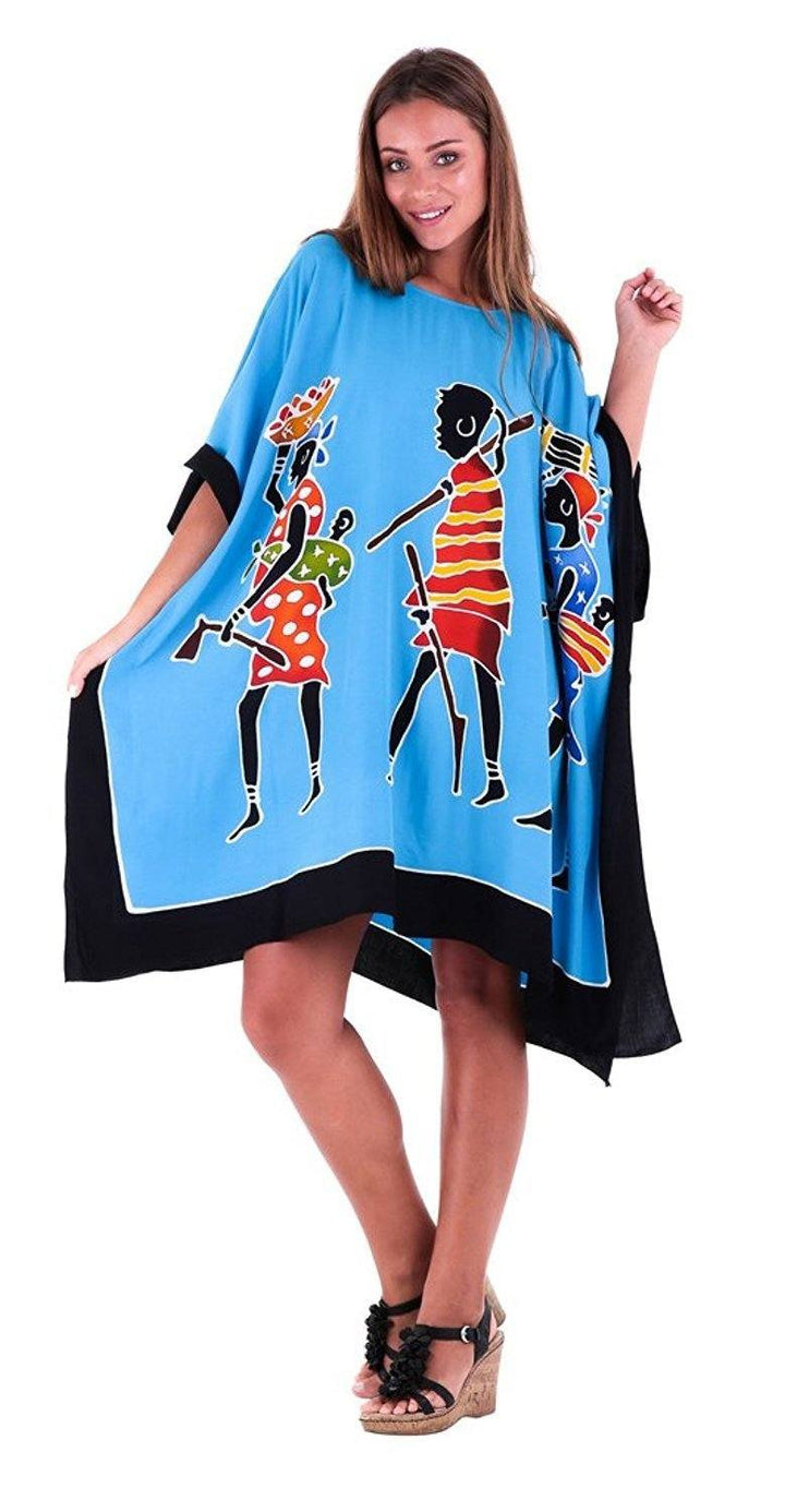 SHU - SHI Women's Short Kaftan Dress - Hand - Painted Tribal Poncho Tunic, Plus Size Swim Cover - Up - Love ShuShi