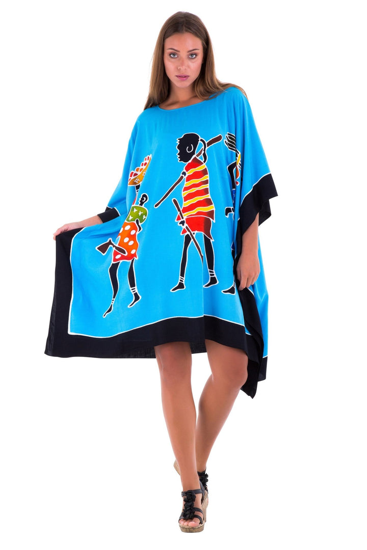 SHU - SHI Women's Short Kaftan Dress - Hand - Painted Tribal Poncho Tunic, Plus Size Swim Cover - Up - Love ShuShi