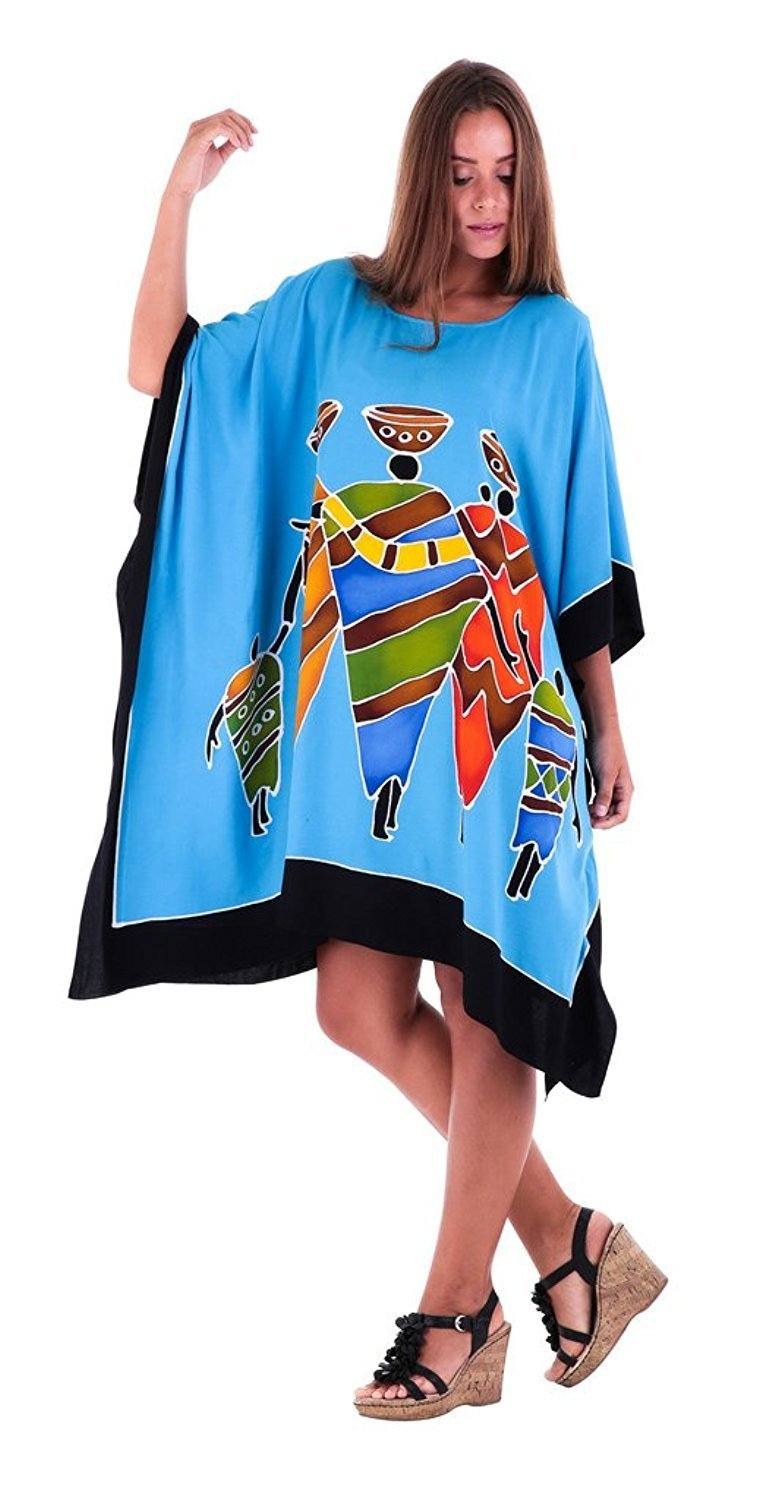 SHU - SHI Women's Short Kaftan Dress - Hand - Painted Tribal Poncho Tunic, Plus Size Swim Cover - Up - Love ShuShi