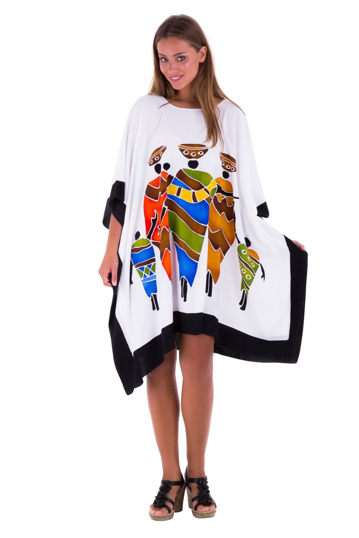 SHU - SHI Women's Short Kaftan Dress - Hand - Painted Tribal Poncho Tunic, Plus Size Swim Cover - Up - Love ShuShi