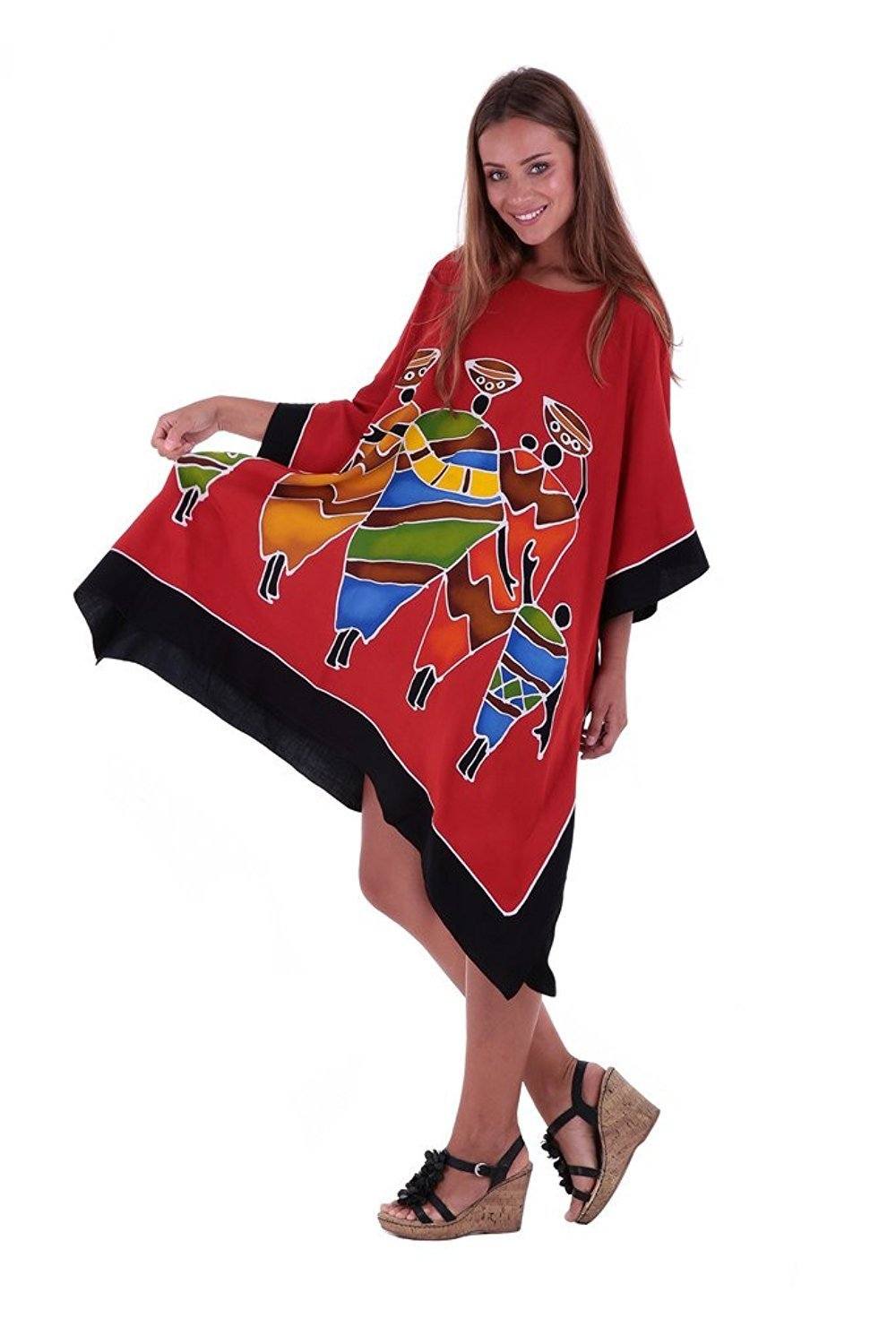 SHU - SHI Women's Short Kaftan Dress - Hand - Painted Tribal Poncho Tunic, Plus Size Swim Cover - Up - Love ShuShi