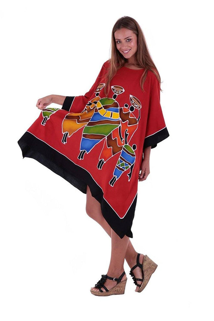 SHU - SHI Women's Short Kaftan Dress - Hand - Painted Tribal Poncho Tunic, Plus Size Swim Cover - Up - Love ShuShi