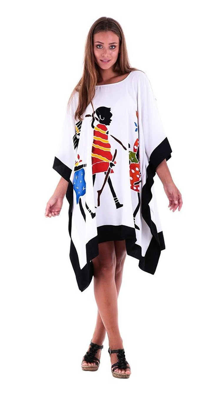 SHU - SHI Women's Short Kaftan Dress - Hand - Painted Tribal Poncho Tunic, Plus Size Swim Cover - Up - Love ShuShi