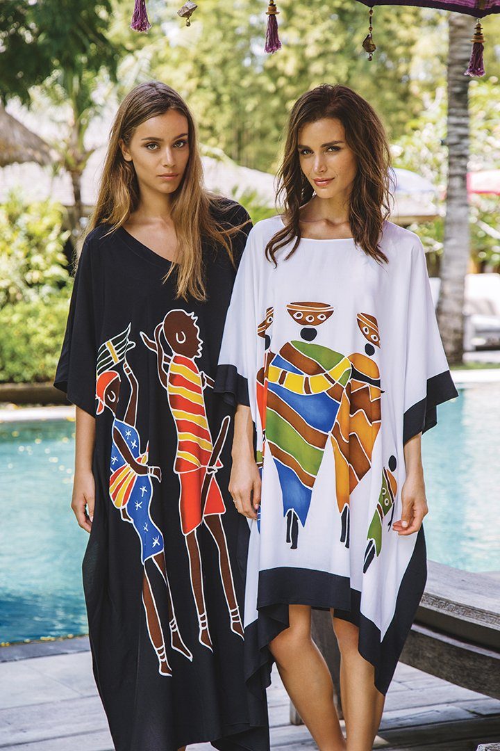 SHU - SHI Women's Short Kaftan Dress - Hand - Painted Tribal Poncho Tunic, Plus Size Swim Cover - Up - Love ShuShi