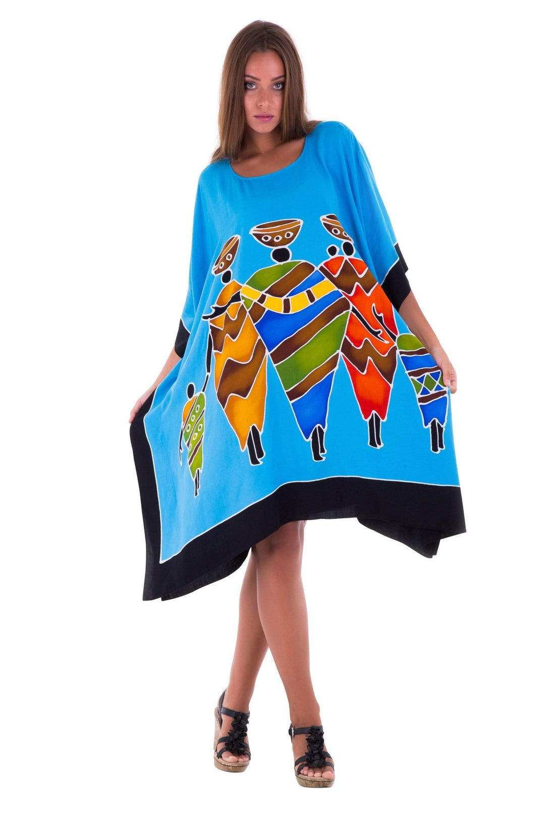 SHU - SHI Women's Short Kaftan Dress - Hand - Painted Tribal Poncho Tunic, Plus Size Swim Cover - Up - Love ShuShi