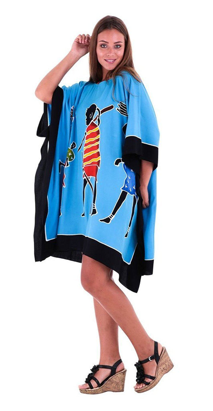 SHU - SHI Women's Short Kaftan Dress - Hand - Painted Tribal Poncho Tunic, Plus Size Swim Cover - Up - Love ShuShi