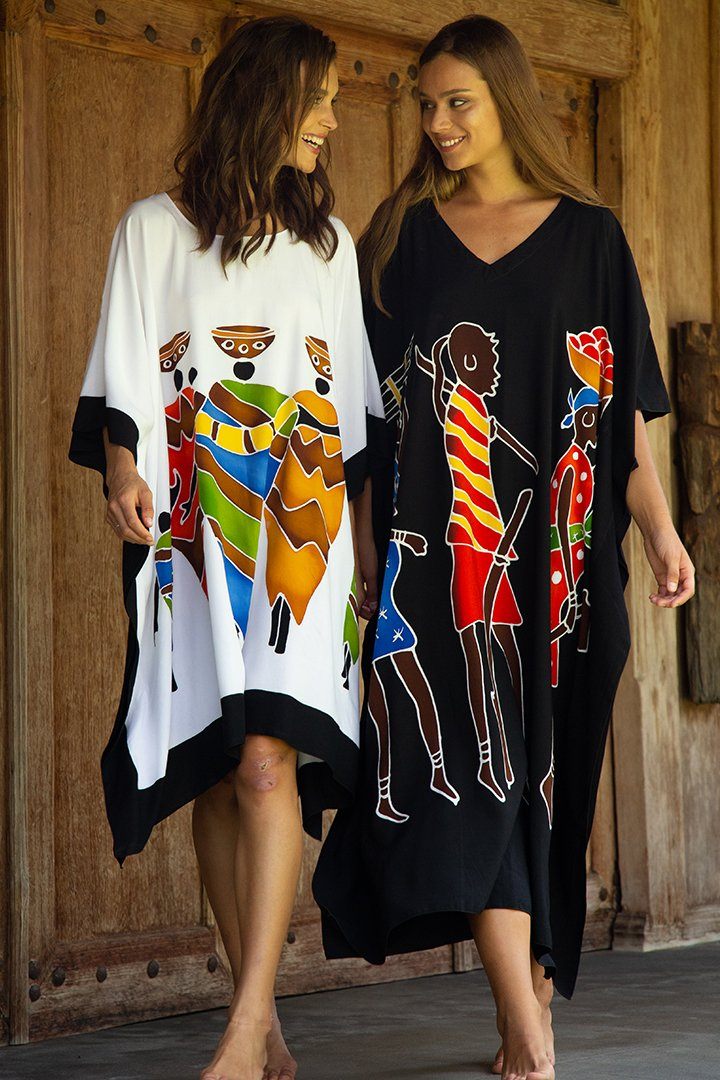 SHU - SHI Women's Short Kaftan Dress - Hand - Painted Tribal Poncho Tunic, Plus Size Swim Cover - Up - Love ShuShi