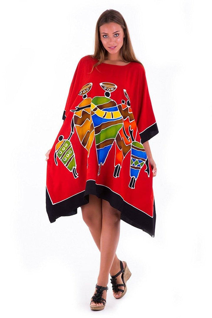 SHU - SHI Women's Short Kaftan Dress - Hand - Painted Tribal Poncho Tunic, Plus Size Swim Cover - Up - Love ShuShi