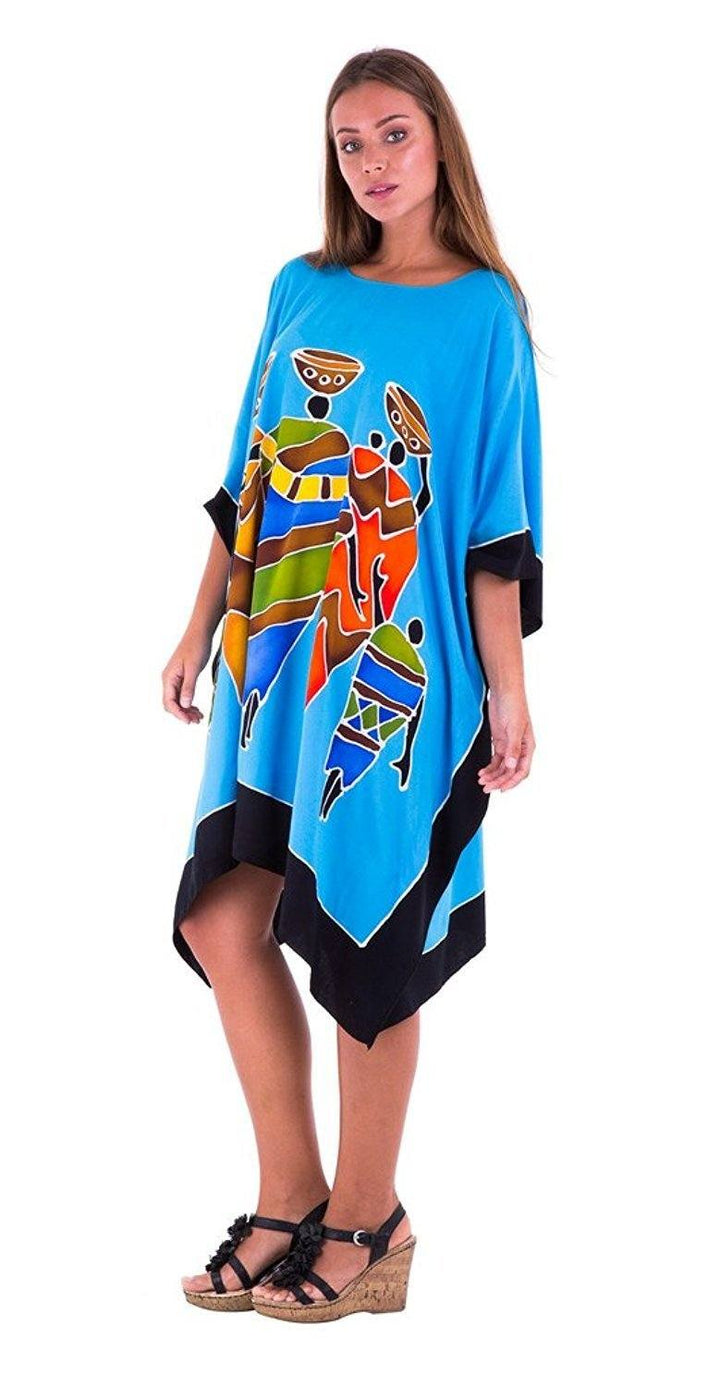 SHU - SHI Women's Short Kaftan Dress - Hand - Painted Tribal Poncho Tunic, Plus Size Swim Cover - Up - Love ShuShi