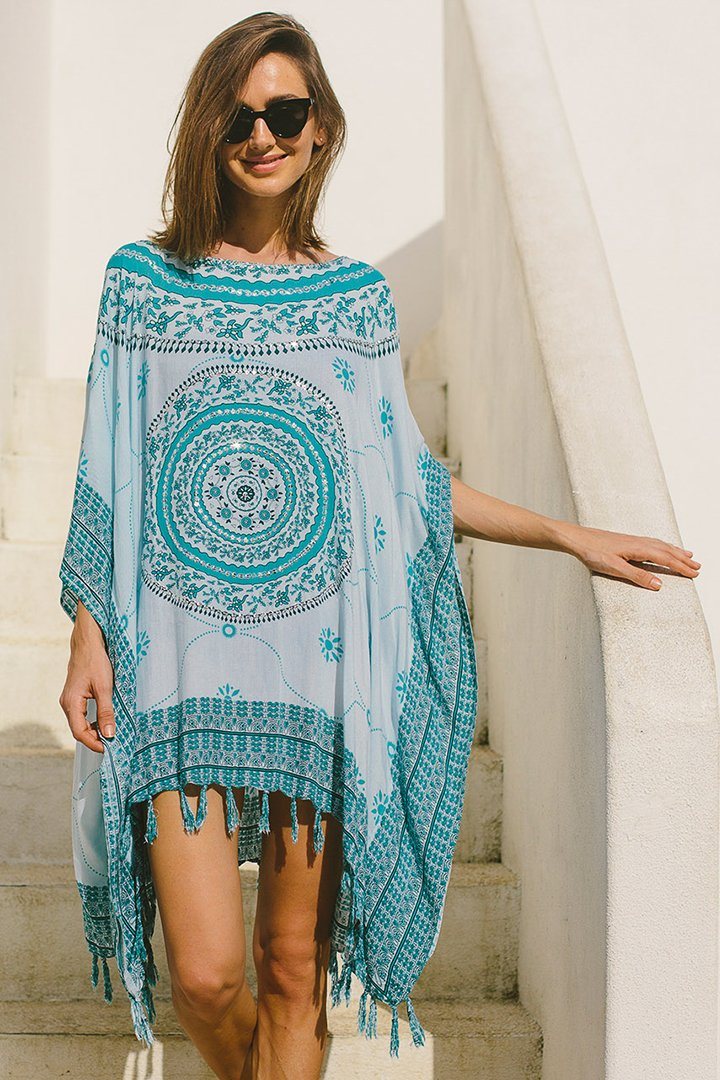 SHU - SHI Women's Short Poncho Beach Dress - Ethnic Mandala Cover - Up Kaftan with V - Neck and Sequins - Love ShuShi