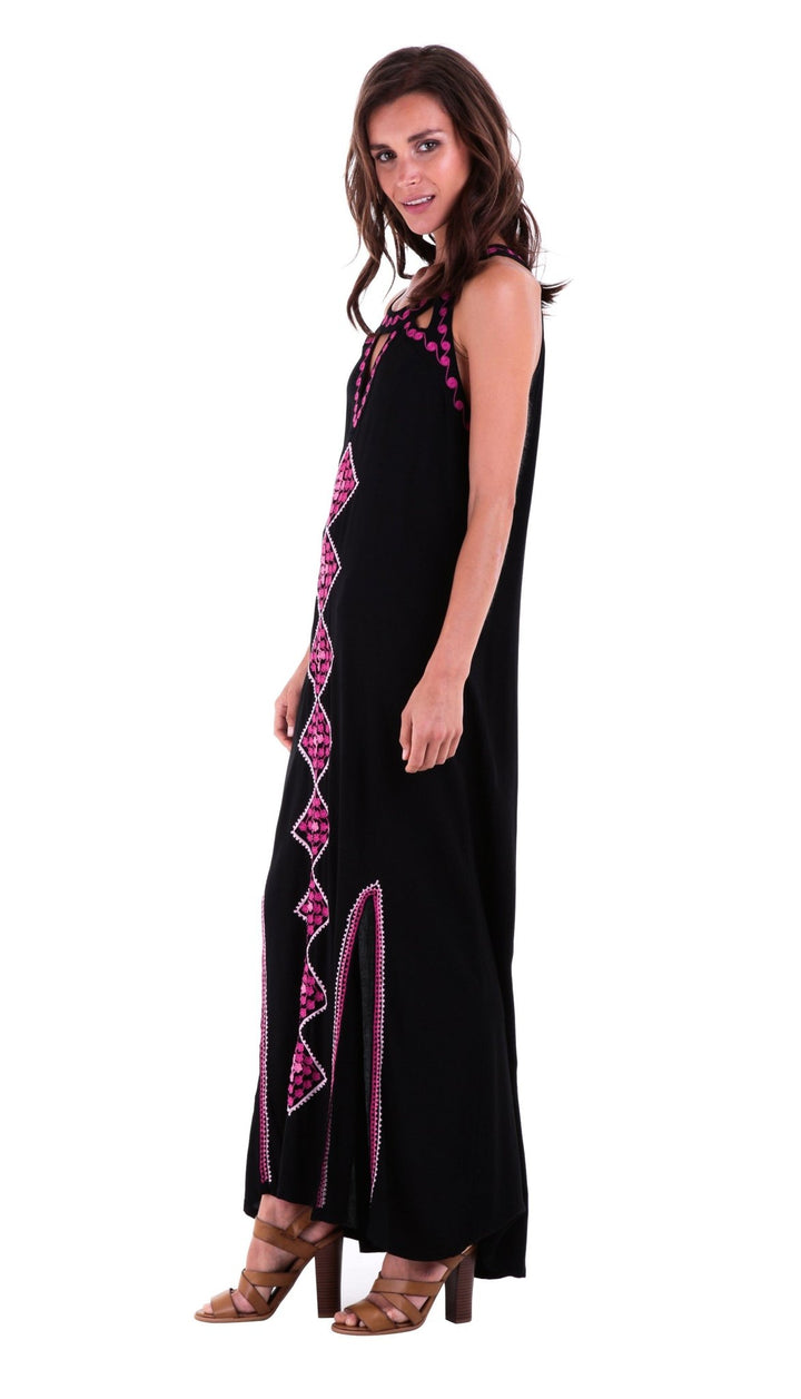 SHU - SHI Women's Sleeveless Boho Maxi Dress - Long Summer Tank with Double Split Geometric Design in Black - Love ShuShi