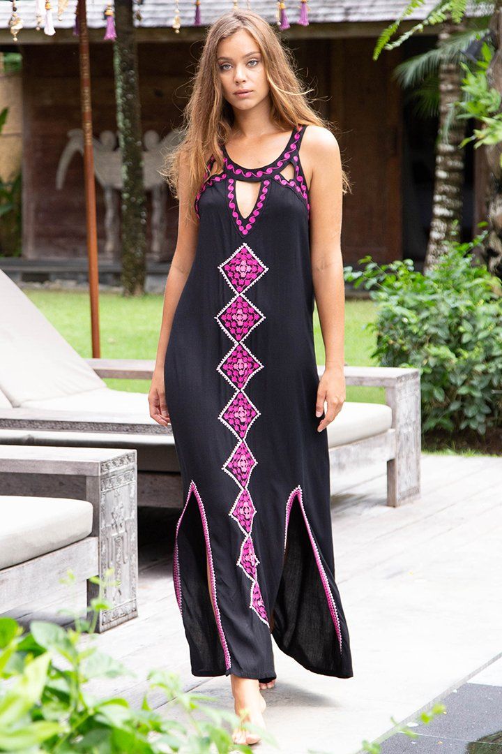 SHU - SHI Women's Sleeveless Boho Maxi Dress - Long Summer Tank with Double Split Geometric Design in Black - Love ShuShi