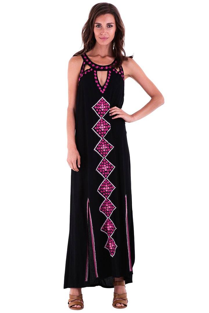 SHU - SHI Women's Sleeveless Boho Maxi Dress - Long Summer Tank with Double Split Geometric Design in Black - Love ShuShi