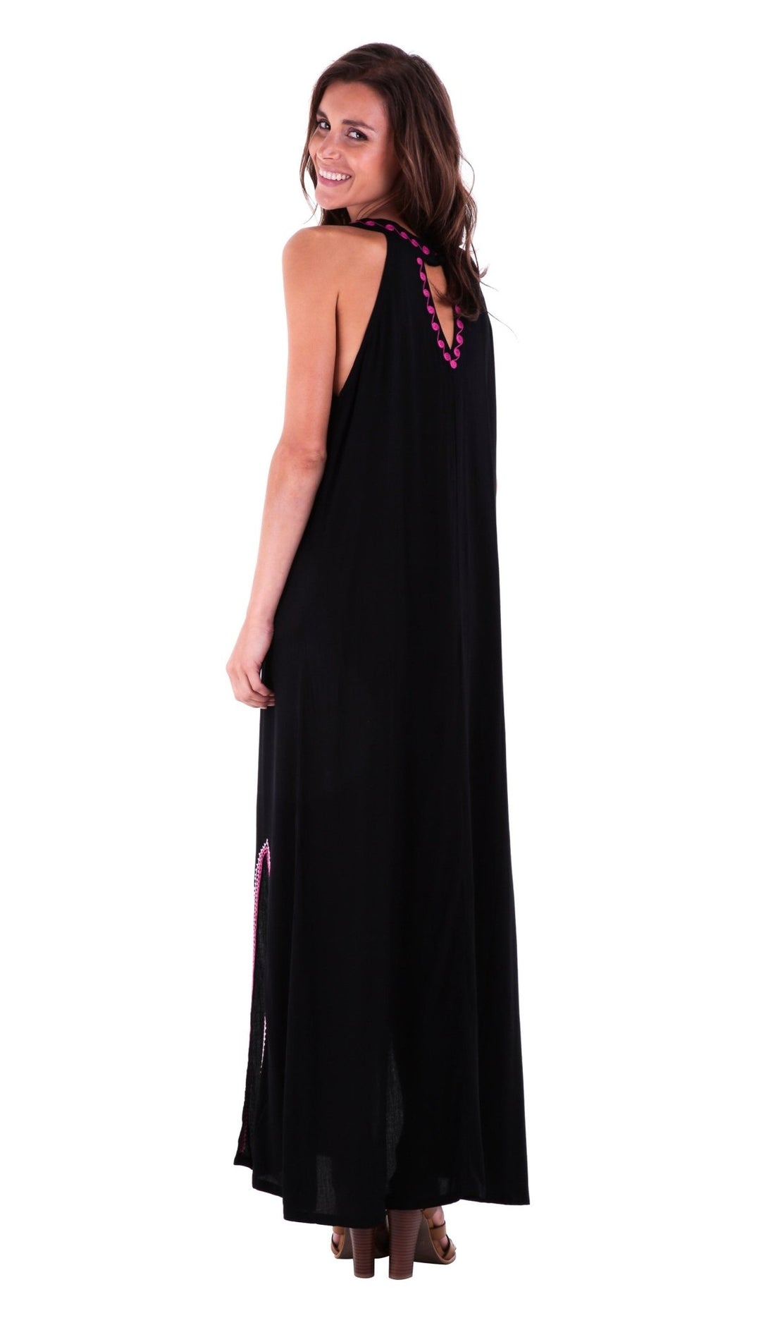 SHU - SHI Women's Sleeveless Boho Maxi Dress - Long Summer Tank with Double Split Geometric Design in Black - Love ShuShi