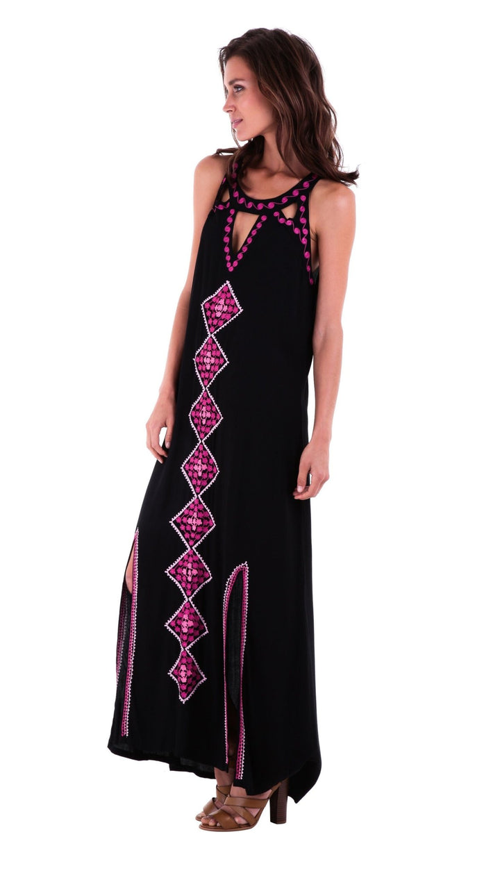 SHU - SHI Women's Sleeveless Boho Maxi Dress - Long Summer Tank with Double Split Geometric Design in Black - Love ShuShi