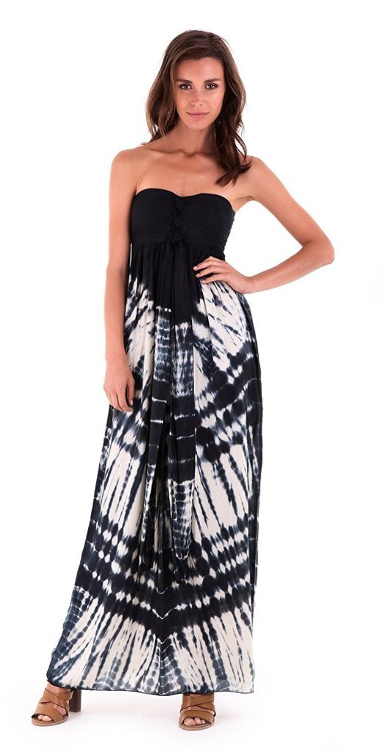 SHU - SHI Women's Summer Long Tie Dye Strapless Maxi Dress - One Size - Navy Blue/Off White - Love ShuShi