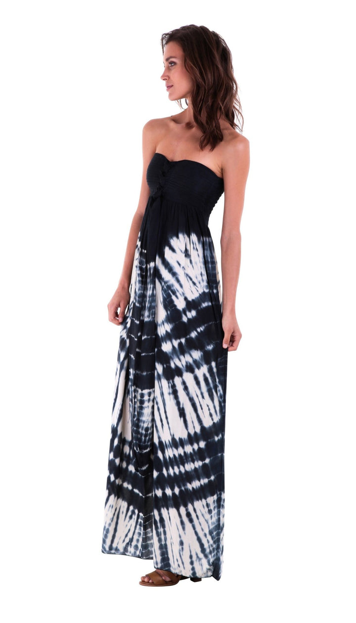 SHU - SHI Women's Summer Long Tie Dye Strapless Maxi Dress - One Size - Navy Blue/Off White - Love ShuShi