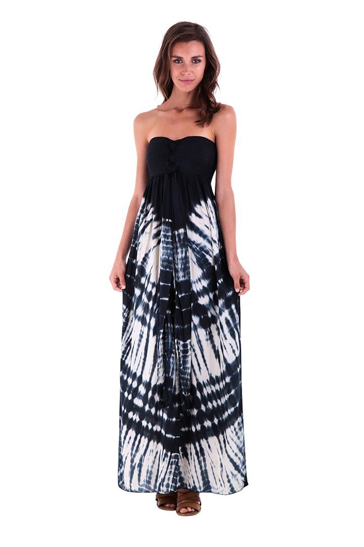 SHU - SHI Women's Summer Long Tie Dye Strapless Maxi Dress - One Size - Navy Blue/Off White - Love ShuShi