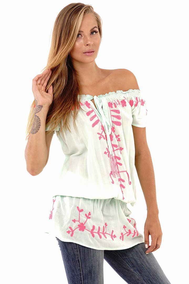 Talia Summer Embroidered, Off Shoulder, Tunic Top - Love ShuShi