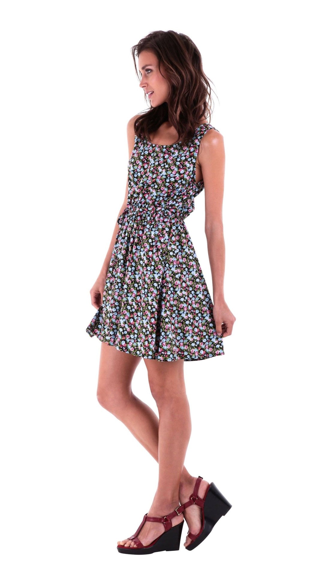Tegan Floral Vintage Flower Design Sleeveless Sundress Knee Length - Love ShuShi
