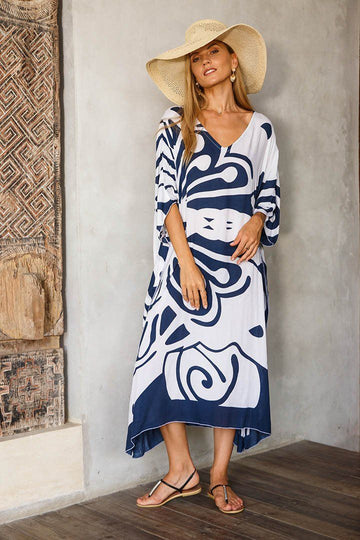Long Butterfly Kaftan Dress Coverup cute summer dress-loveshushi-blue and white