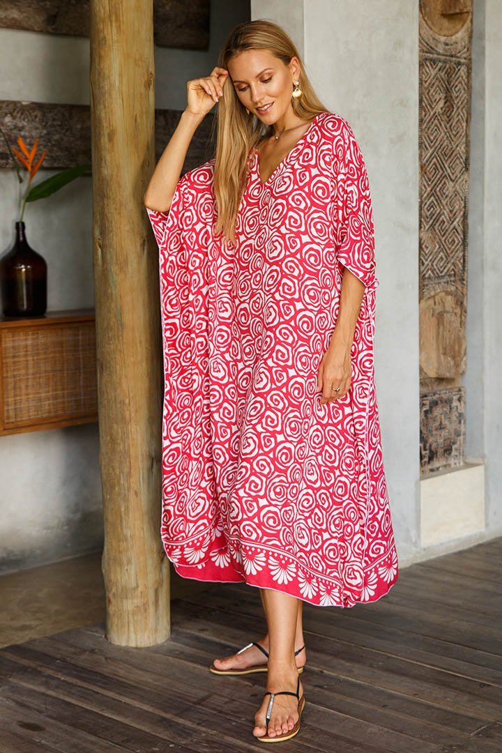 Long Spiral Kaftan Dress Coverup cute summer dress-loveshushi-red and white