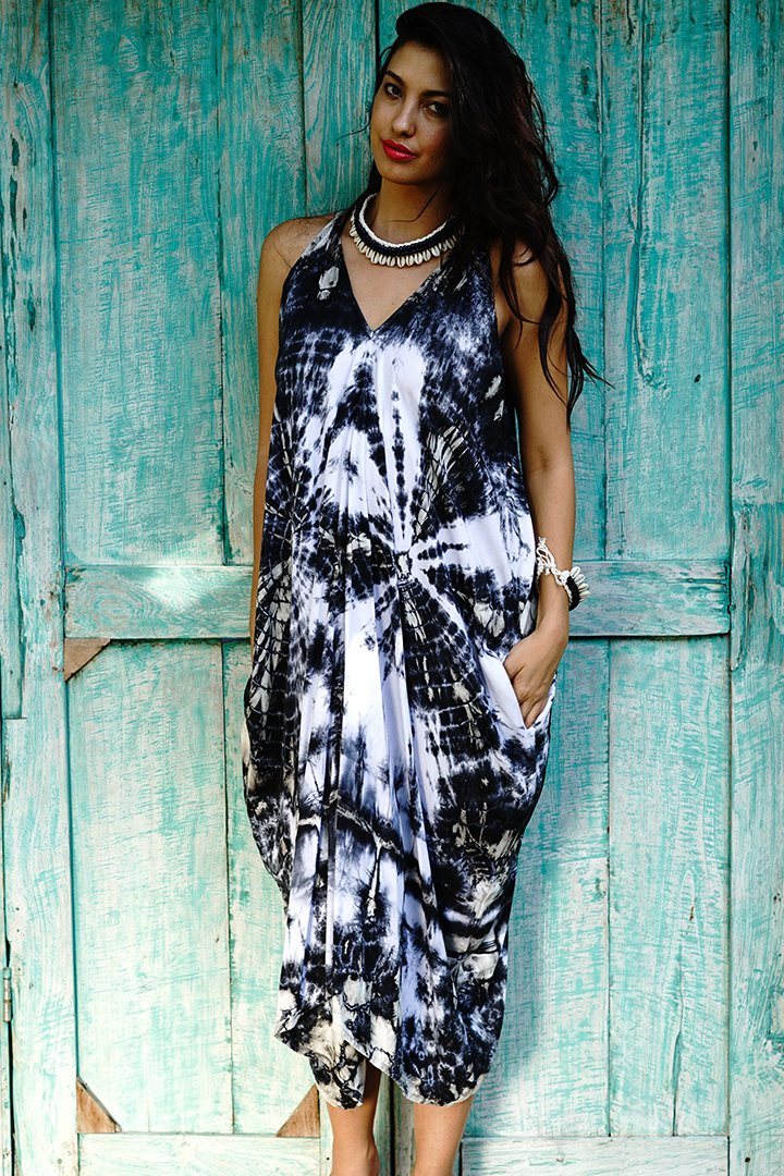 Aria Tie Dye Long Summer Dress with Side Pockets - Love-Shu-Shi-Black Dress