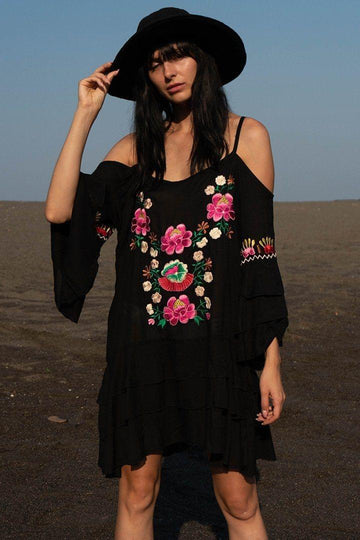 Bohemian Cold Shoulder Dress with Floral Embroidery