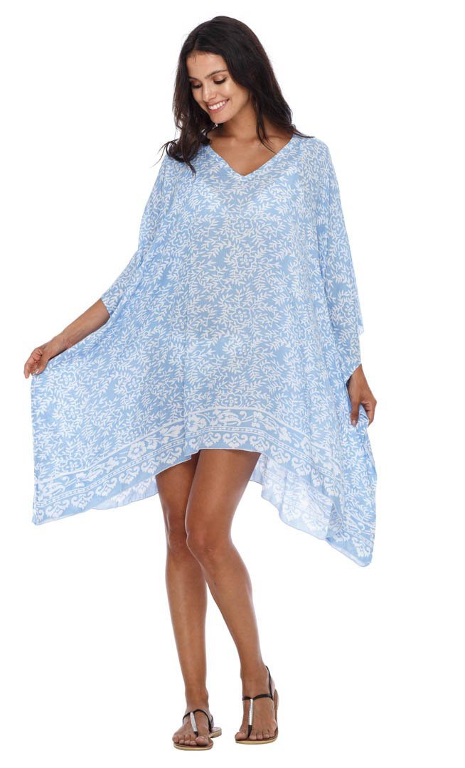 Short Floral Kaftan Dress Coverup cute topper-loveshushi-baby blue and white