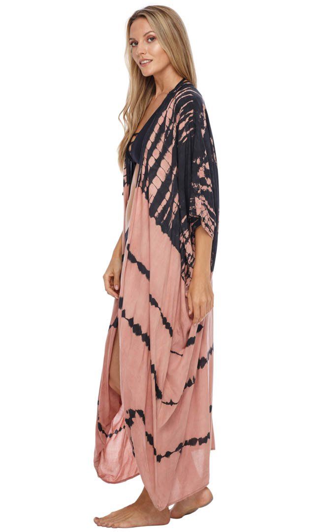 Tie Dye Open Front Summer Kimono Cardigan with Three-Quarter Sleeves - Love-Shu-Shi-coral and black cardigan