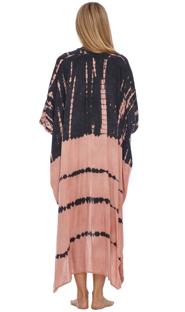 Tie Dye Open Front Summer Kimono Cardigan with Three-Quarter Sleeves - Love-Shu-Shi-coral and black  cardigan