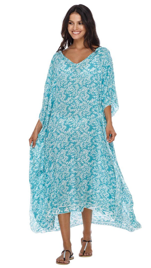 Long Floral Kaftan Dress Coverup cute summer dress-loveshushi-turquoise and white